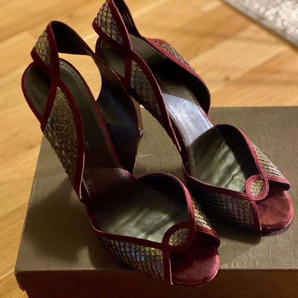 Elie Tahari Red and Gold Python Sandals